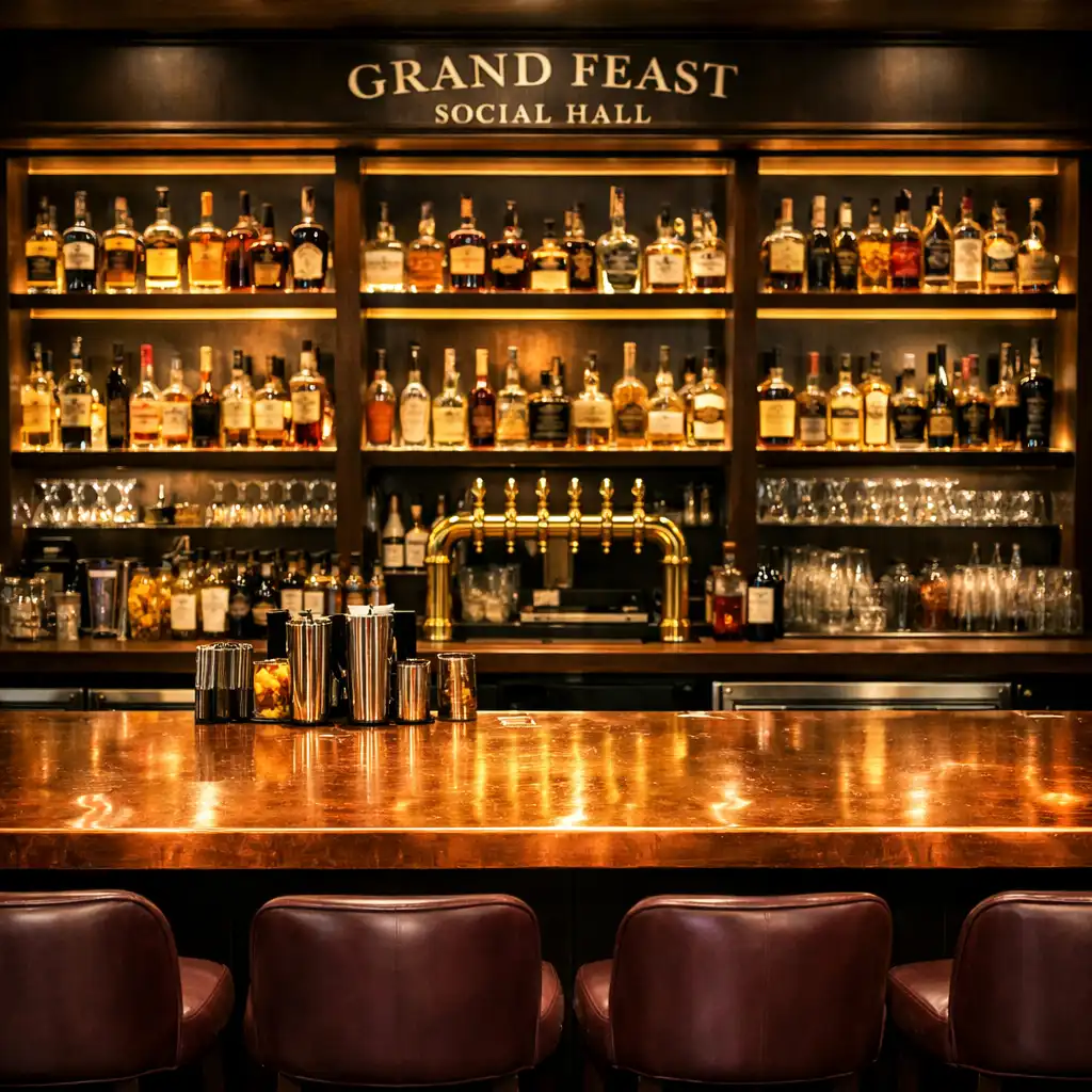 Copper-topped bar with backlit shelving and plum leather bar stools