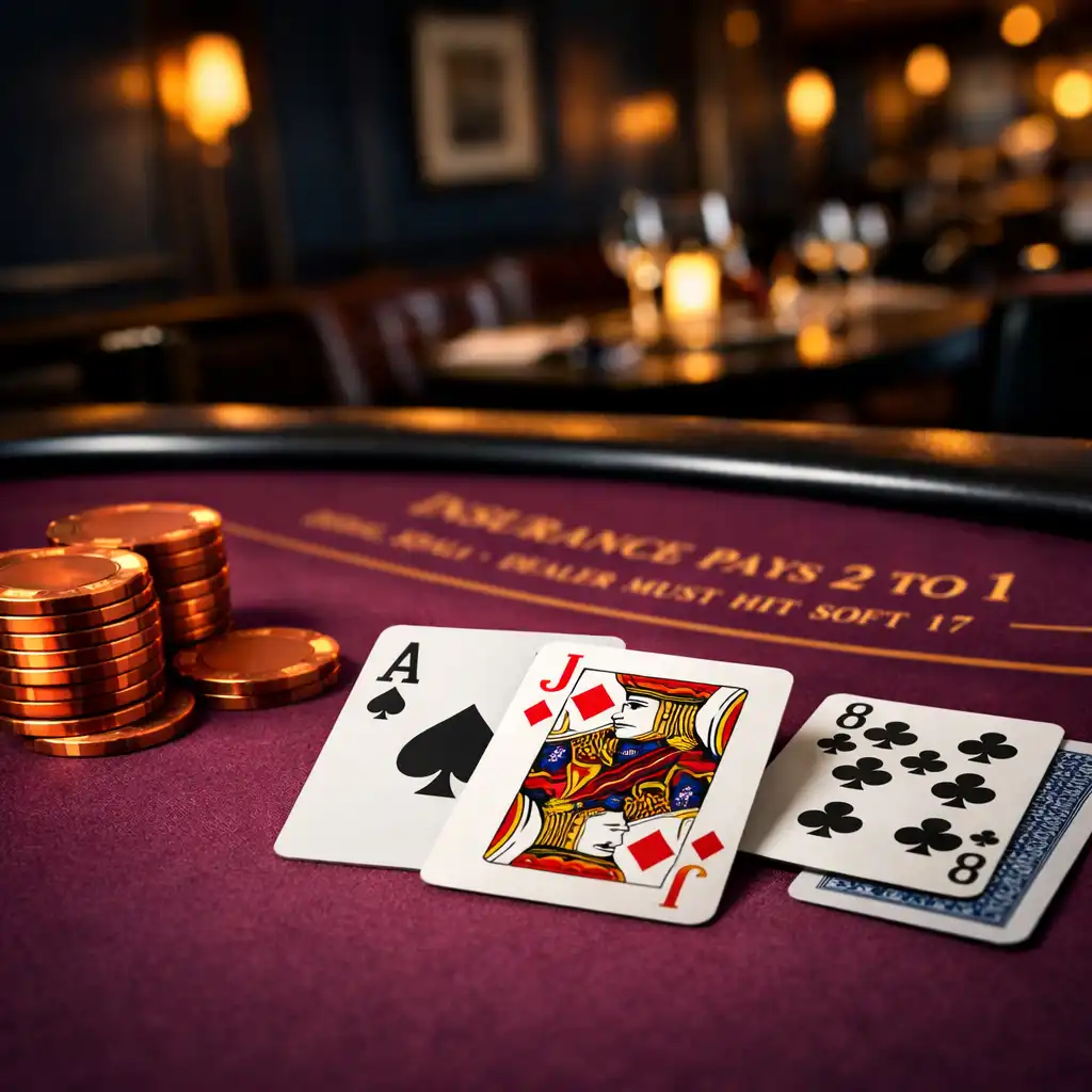 Blackjack table with plum felt, playing cards, and copper chips in a sophisticated restaurant interior