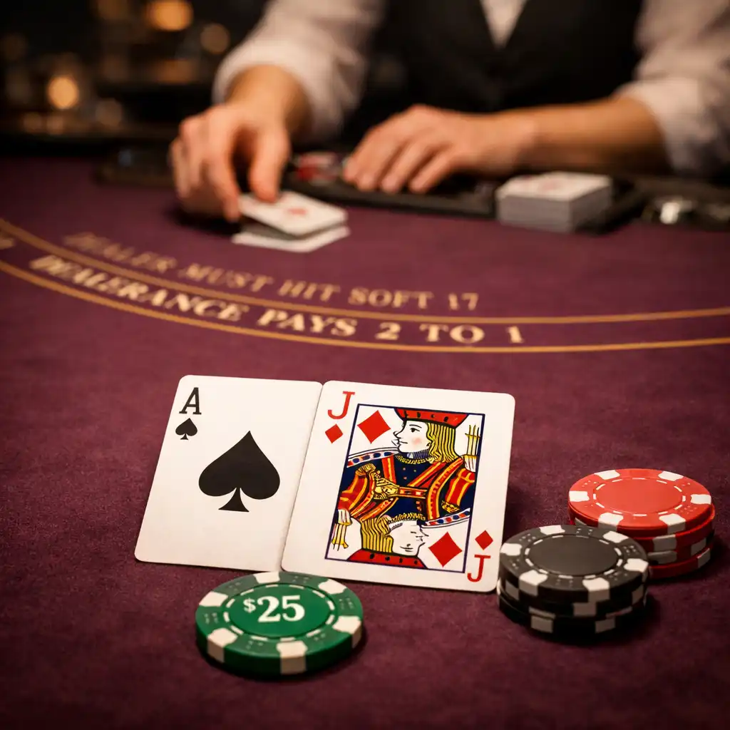 A blackjack table viewed from a player's perspective with cards face up and chips in the foreground