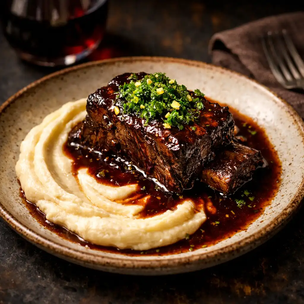 Slow-braised beef short rib with parsnip purée and gremolata on a rustic plate