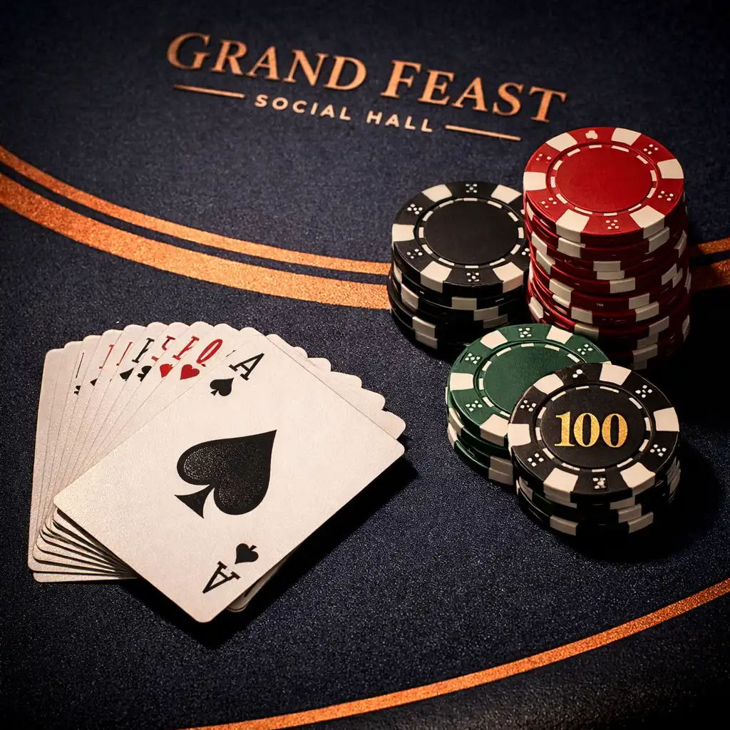 Elegant casino-themed table setting with dark navy cloth, fanned playing cards, and stacked poker chips