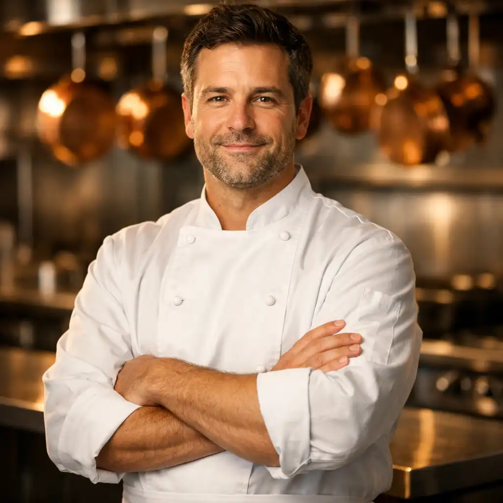 Portrait of our head chef in a professional kitchen, wearing a white chef's coat