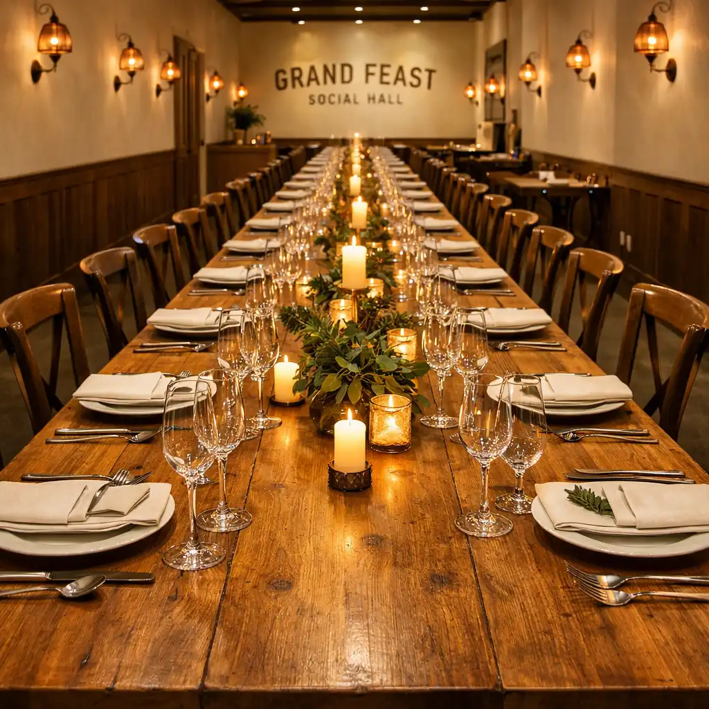 Long communal table set for dinner with solid timber finish and elegant place settings