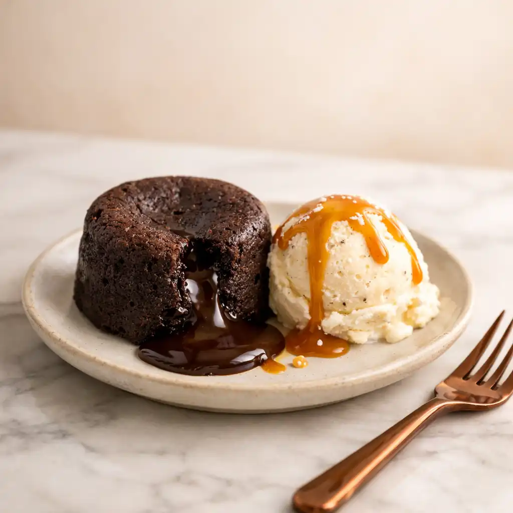Dark chocolate fondant with vanilla ice cream and salted caramel