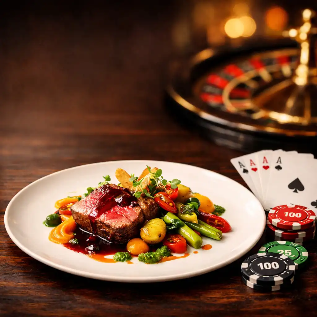 An elegantly set table with a deck of cards and a roulette wheel in soft focus