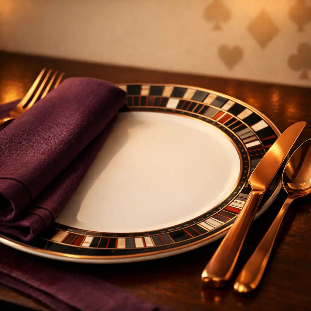 Close-up of a dining table setting with a custom plate, copper cutlery, and plum linen napkin