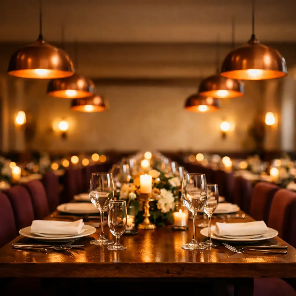 Wide view of the main dining room at Grand Feast Social Hall with long communal tables, plum chairs, and copper pendant lights