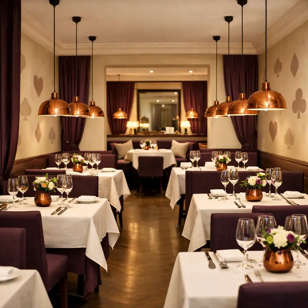 Elegant dining room with warm ivory walls, plum accents, and copper light fixtures