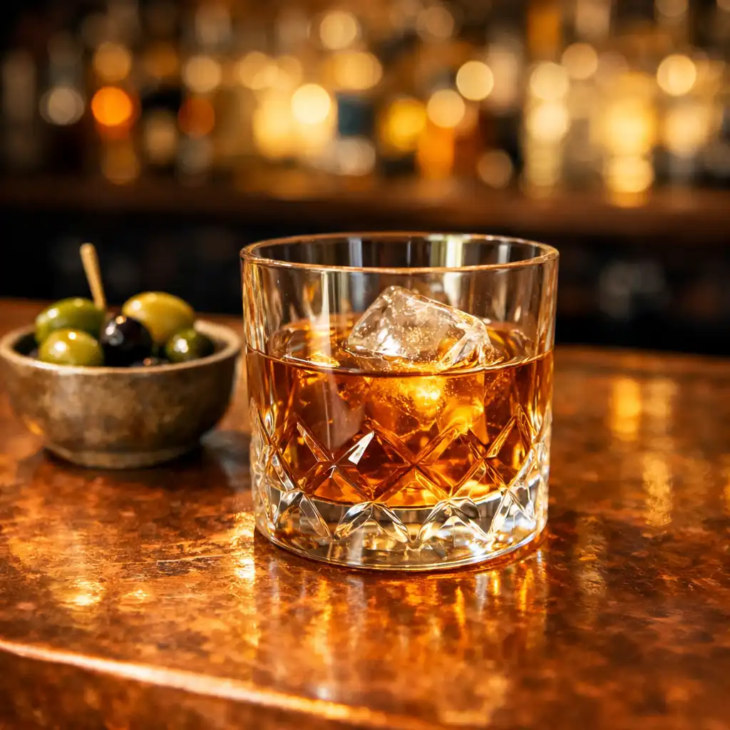 Close-up of copper bar top with a crystal glass and warm bokeh