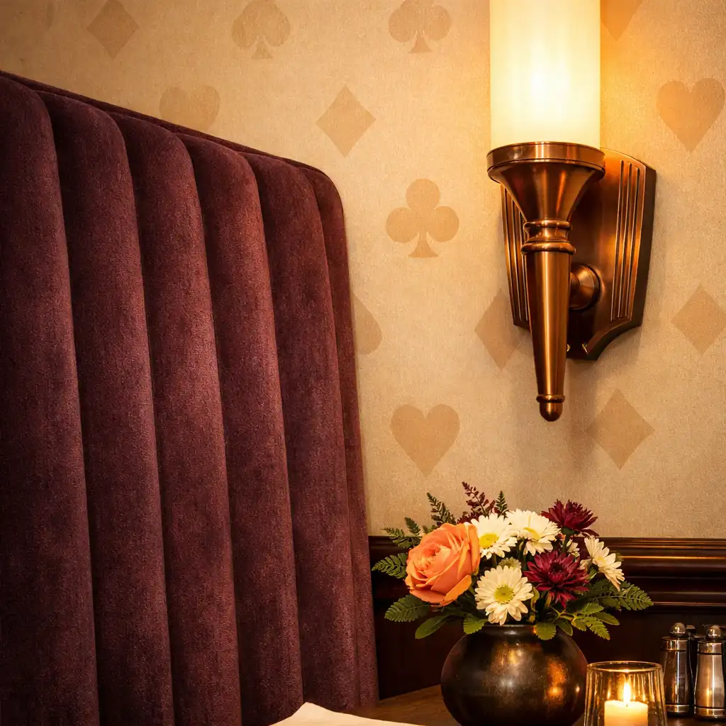 A dining room corner with plum booth, copper sconce, and card suit wallpaper