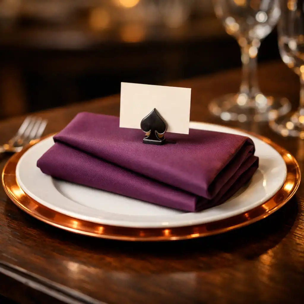 Table setting with copper-rimmed plate, plum napkin, and card suit place card holder