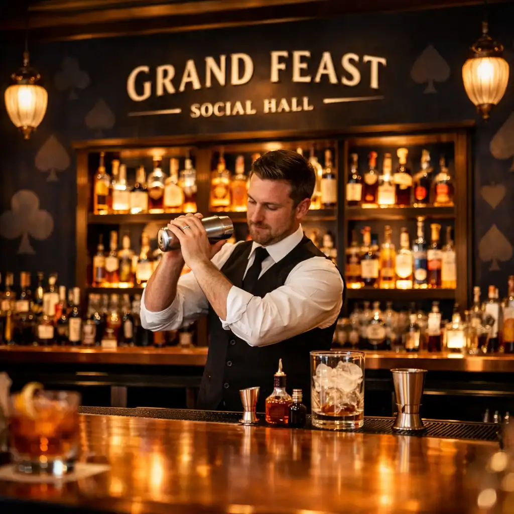 Copper-topped bar with backlit shelves of premium spirits and warm ambient lighting
