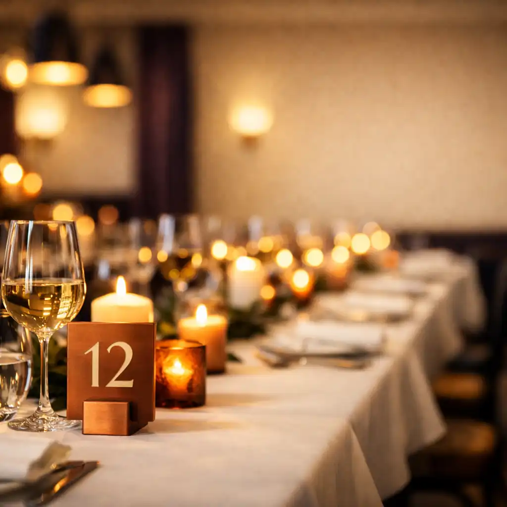 Grand Feast Social Hall dining room with warm lighting and elegant table settings