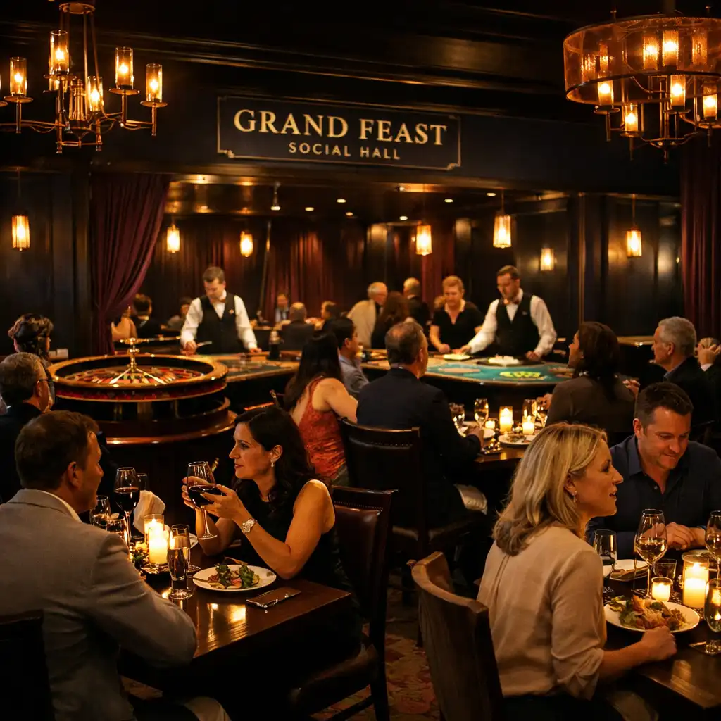 Grand Feast Social Hall interior with elegant dining tables, roulette wheel, and blackjack table during an evening event