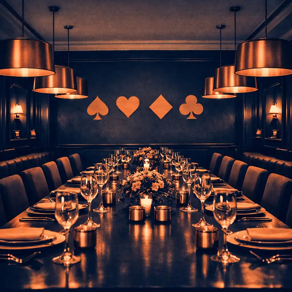 Elegant dining room with warm ivory walls, dark navy accents, and copper details