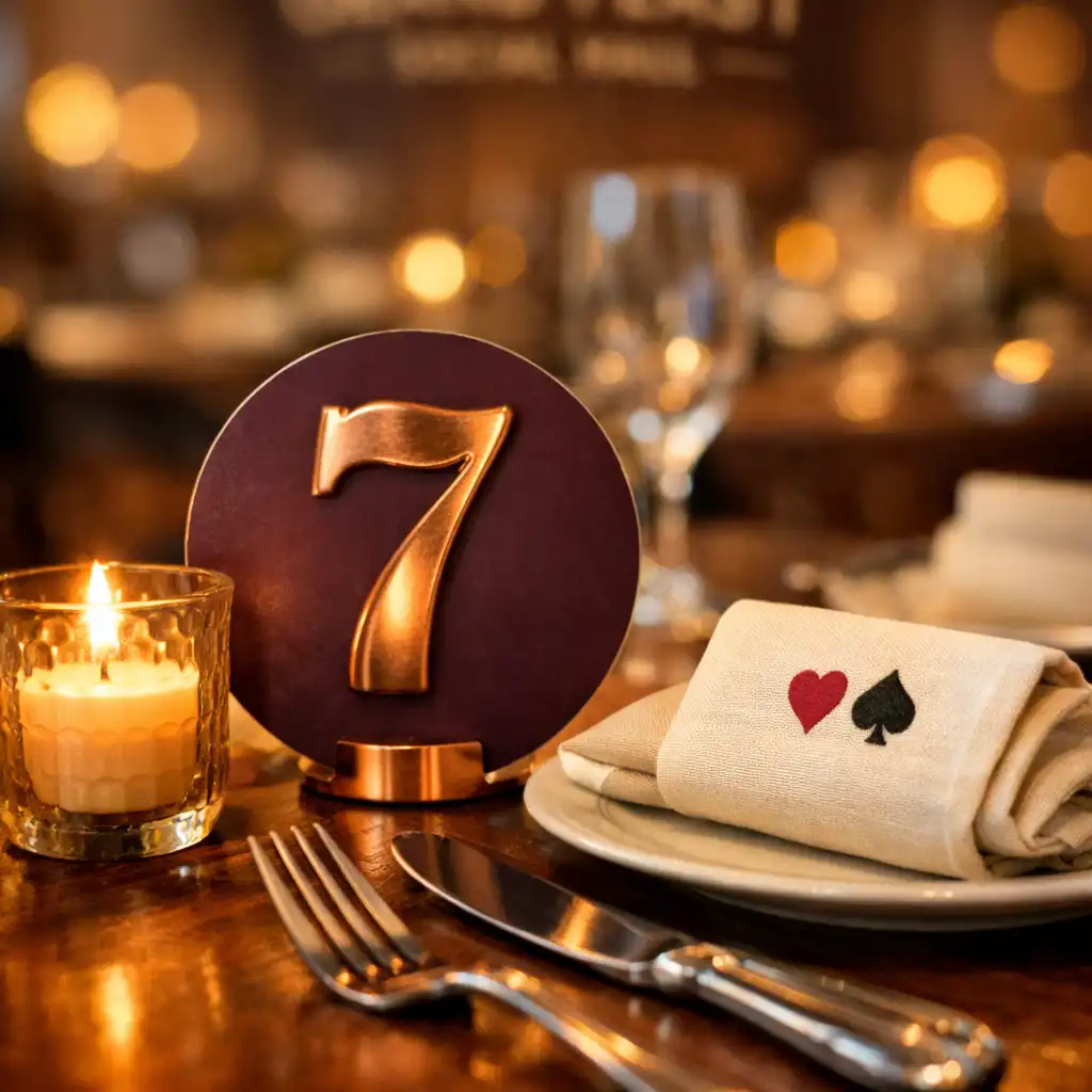 Close-up of an interior table setting with copper table number and candle