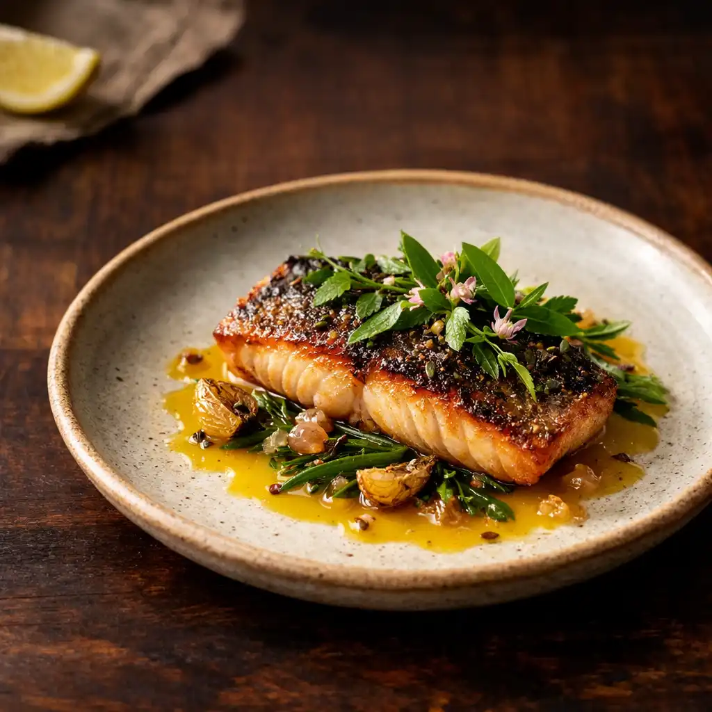 Seared barramundi with native herbs and citrus glaze on a ceramic plate