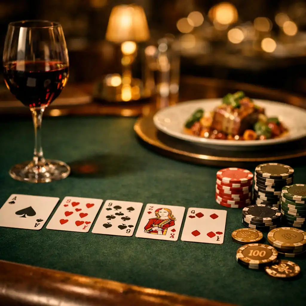 Elegant poker table setting with cards, chips, and a glass of red wine in a sophisticated restaurant