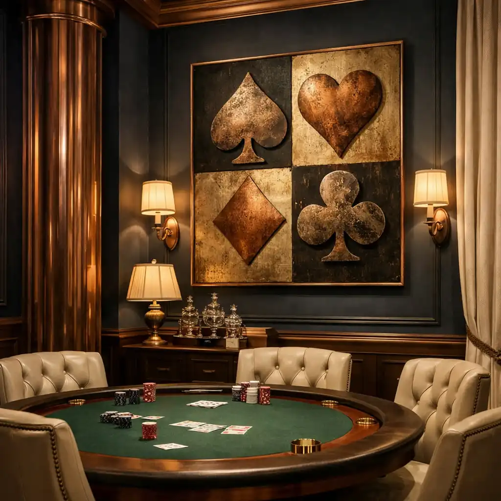 Corner of the Grand Feast Social Hall dining room with dark navy walls, copper accents, and a poker table