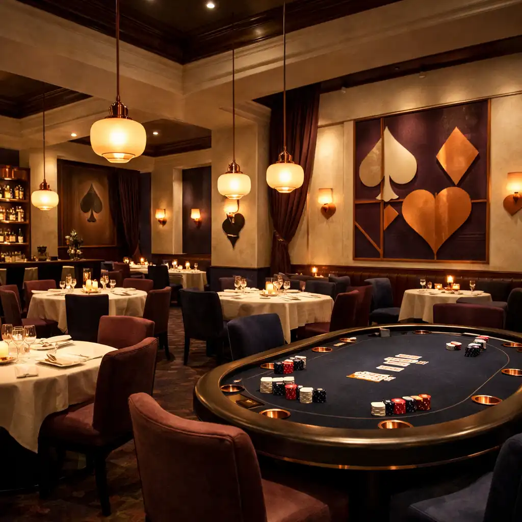 Interior of Grand Feast Social Hall with poker tables, warm ivory walls, plum accents, and copper details