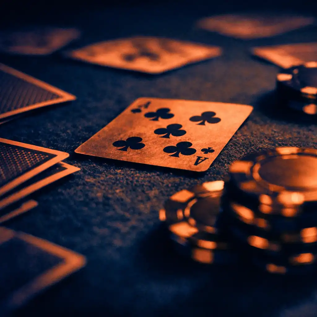 Abstract close-up of a poker table with playing cards and copper chips