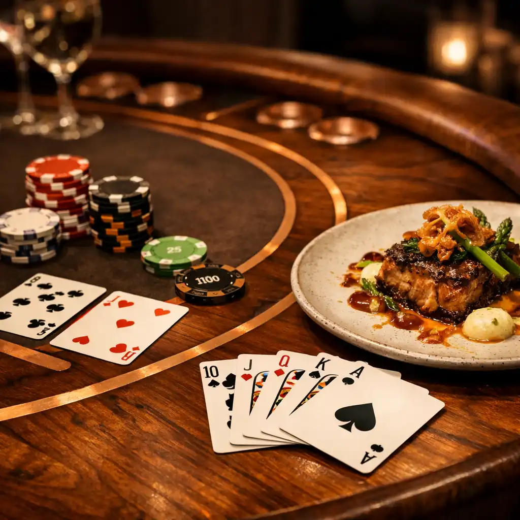 Close-up of a custom poker table with warm wood finish and copper inlay