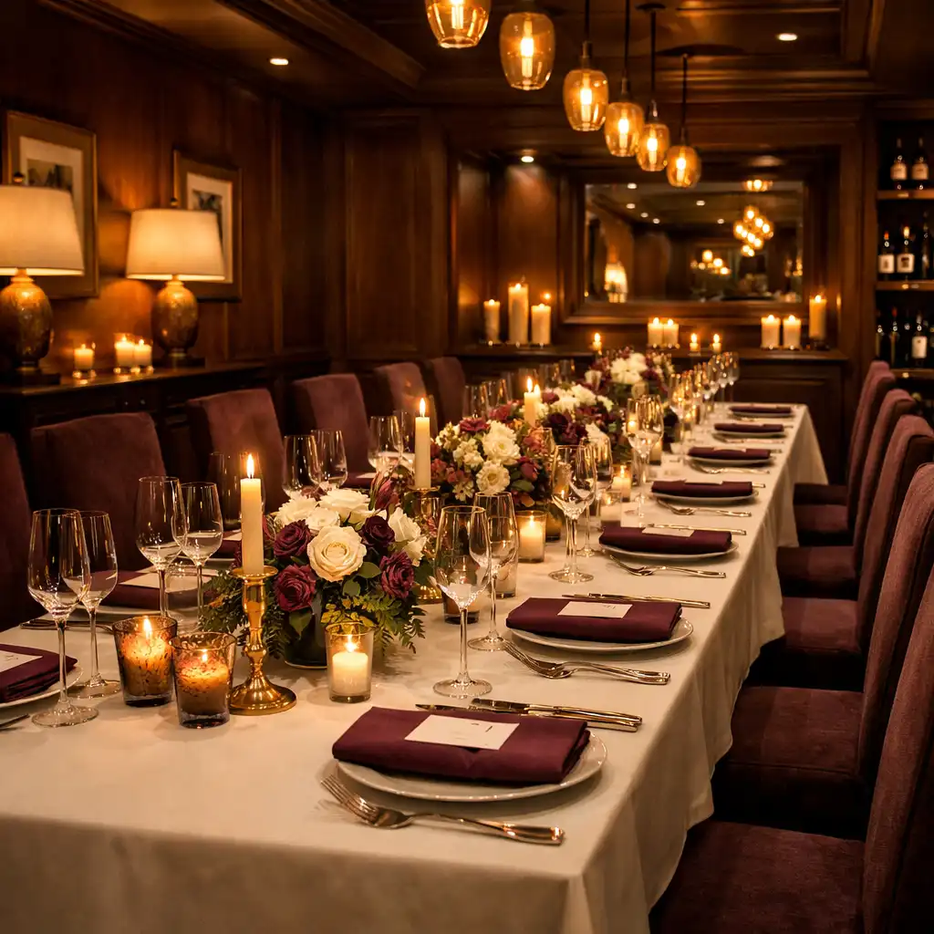 Private dining room with a long table set for a special event