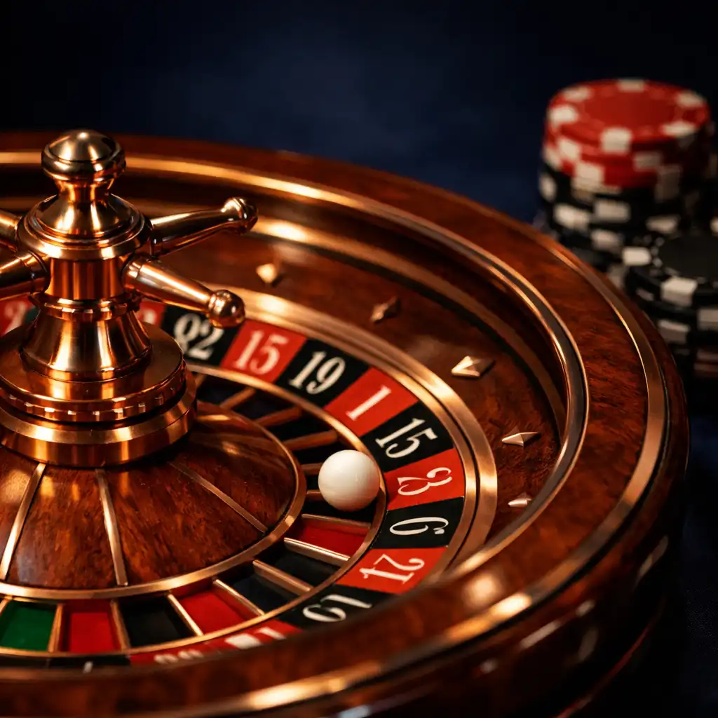 Close-up of a European roulette wheel with copper inlays and a ball resting in a pocket