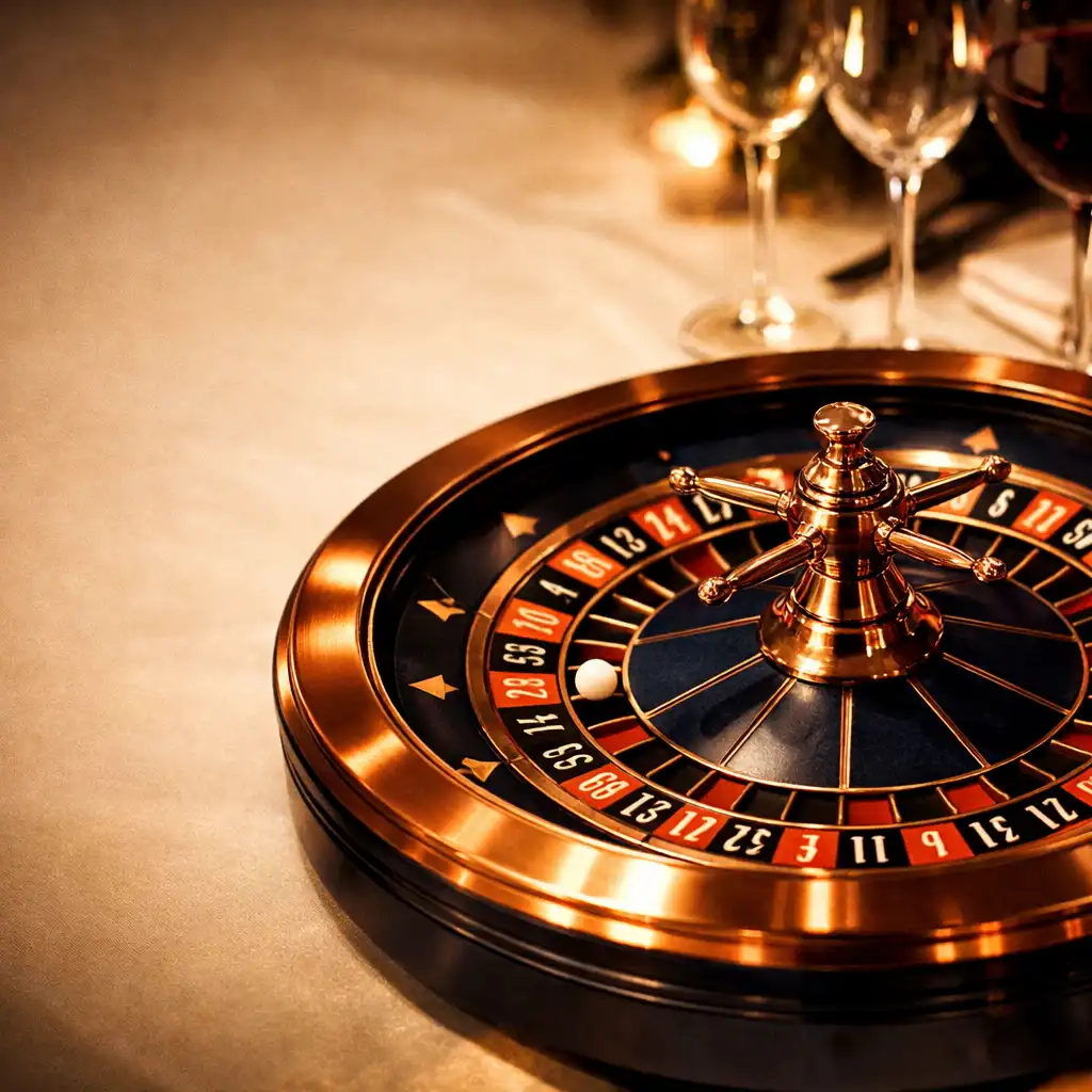 Elegant roulette wheel on a fine dining table with wine glasses and silverware