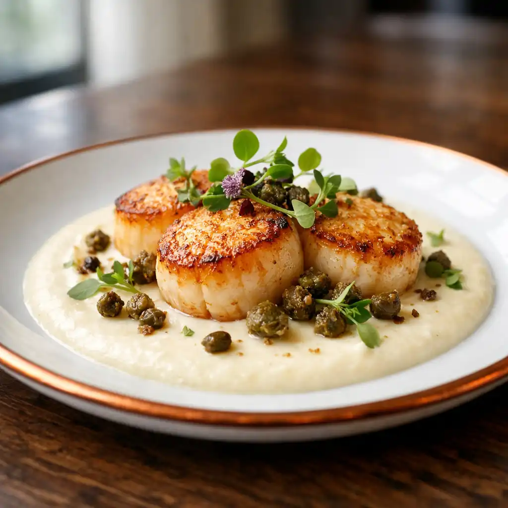 Seared scallops served on cauliflower purée with herbs