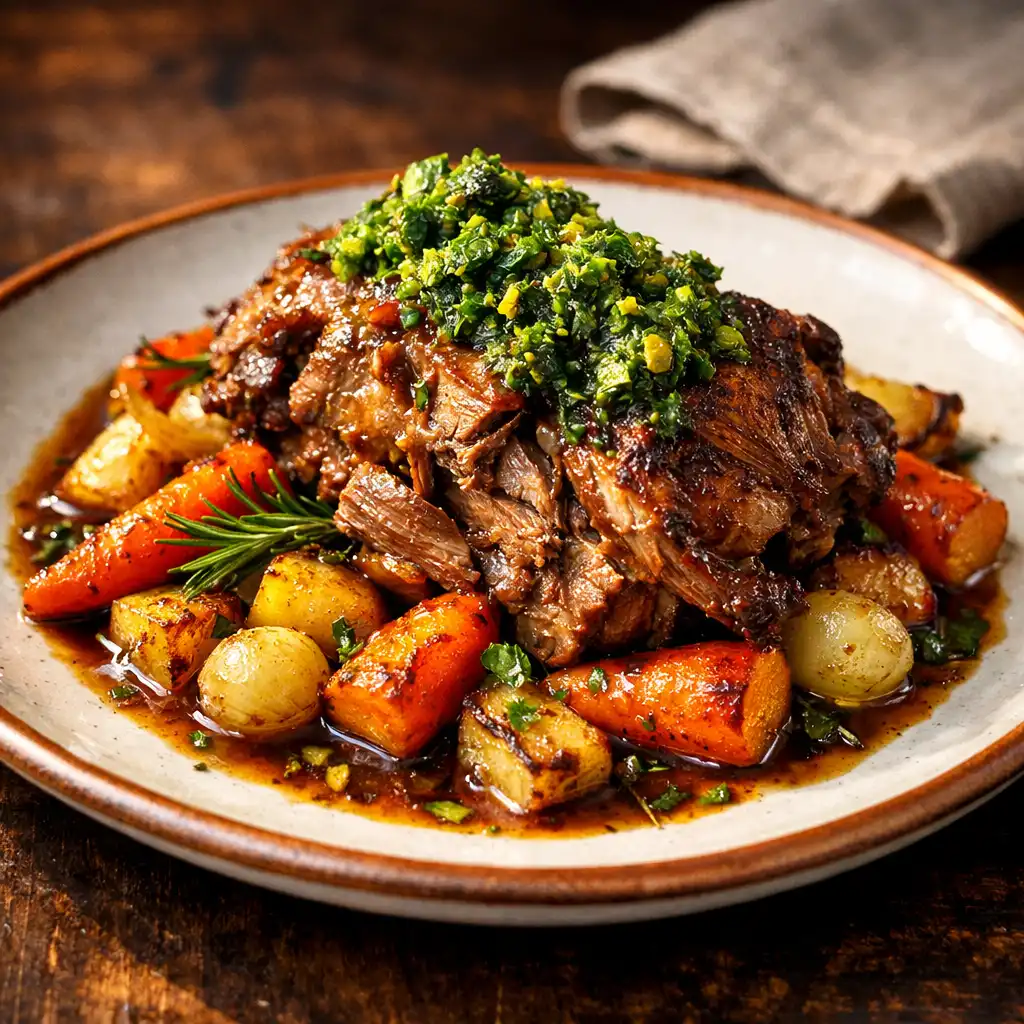 Slow-roasted lamb shoulder with root vegetables and herb gremolata