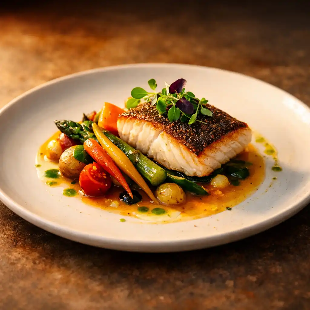 Beautifully plated modern Australian signature dish with seared fish and seasonal vegetables