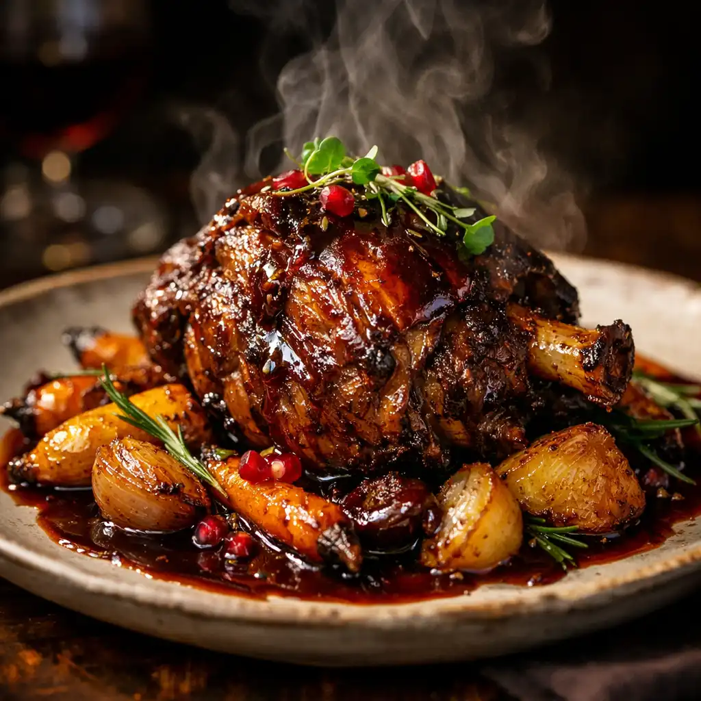Slow-cooked lamb shoulder with roasted vegetables and red wine reduction