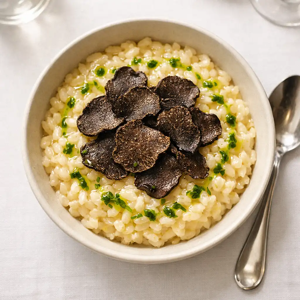 Creamy wild mushroom risotto topped with fresh black truffle